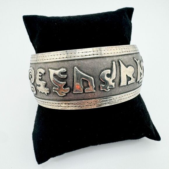 Vintage Handmade Tibetan Silver Cuff Bracelet with Lucky Charms Retro Chunky - Picture 2 of 7